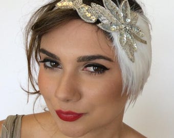 Feather Headpiece: Silver Sequin Art Deco Headband - Swan Lake Costume