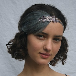 GRAY FEATHER HEADBAND, Rose Gold headpiece, 1920s Great Gatsby grey feather fascinator beaded headpiece, Art Deco flapper hair accessories image 1