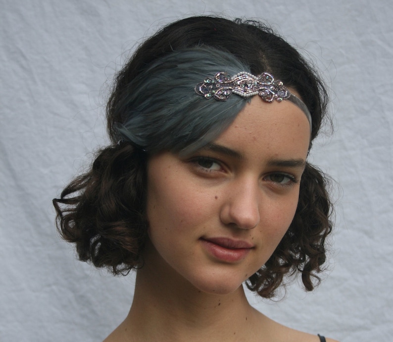 GRAY FEATHER HEADBAND, Rose Gold headpiece, 1920s Great Gatsby grey feather fascinator beaded headpiece, Art Deco flapper hair accessories image 1