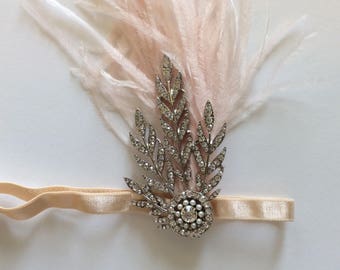 Blush Ostrich Feather Headband: Gatsby Flapper Jewel Headpiece