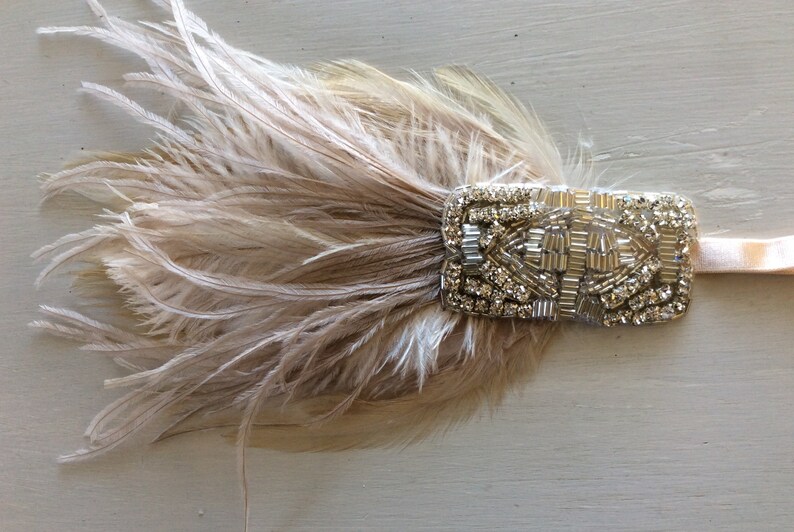 Great Gatsby headband, champagne feather headpiece, 1920s ostrich feathers dress headband, dress feather headband Ivory cream feathers image 2