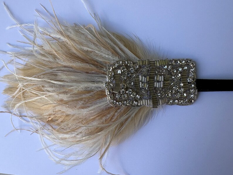 May include: A decorative headband featuring a cluster of light beige ostrich feathers attached to a rectangular silver-toned embellishment. The rectangular piece is densely covered in clear faceted crystals and metallic silver beads.