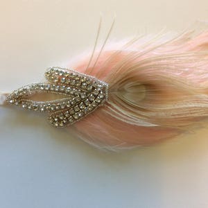 Pink Feather headband, 1920s silver rhinestone headpiece, Flapper style fascinator,  Valentine&#39;s Day hair accessory with beige peacock