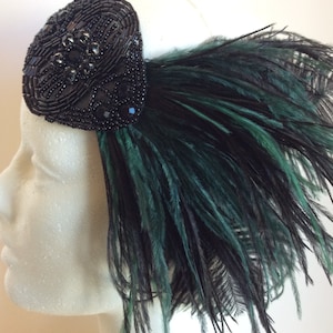San Francisco shopping Dark Green Victorian headpiece, black jet bead headpiece, dark hunter green black ostrich feathers