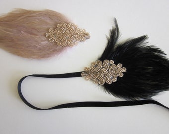 Champagne Headband, beige feather fascinator, black Great Gatsby hair piece, beaded 1920s flapper dress hair accessories Art Deco wedding