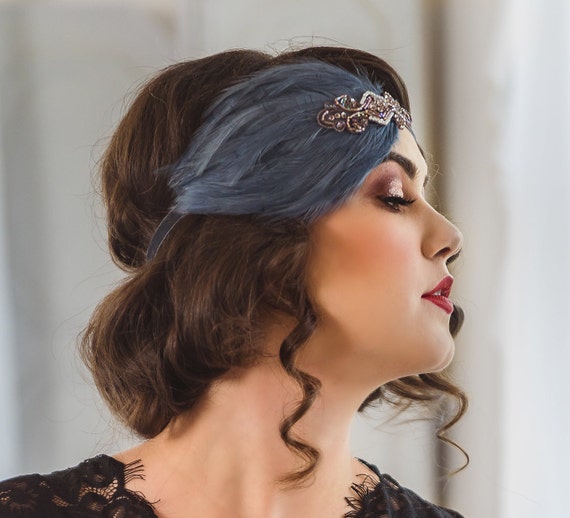 Rose Gold 1920s Headpiece Slate Gray Great Gatsby Headband Etsy