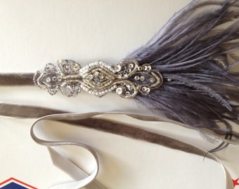 Gray Ostrich Feather Headpiece: Silver Beaded Velvet Headband
