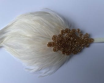 Champagner 1920s Deco Perlen Haarband Ivory creme Feder Fascinator, Braut Hochzeit Great Gatsby Stil Haarschmuck