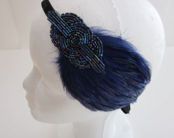 Blue Great Gatsby Headpiece, Flapper Headband, 1920s Feather fascinator, Navy Blue Plum Art Deco dress hair accessory, Beaded headpiece