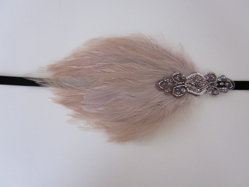 GRAY FEATHER HEADBAND, Rose Gold headpiece, 1920s Great Gatsby grey feather fascinator beaded headpiece, Art Deco flapper hair accessories image 4