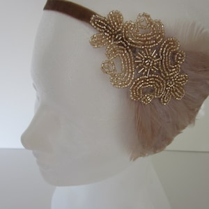 CHAMPAGNE Wedding Headpiece, 1920s Hair Accessory,  San Francisco great gatsby bridal Flapper Headband Beige OR Black white gray Feather