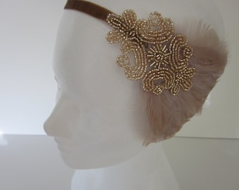 CHAMPAGNE Wedding Headpiece, 1920s Hair Accessory,  San Francisco great gatsby bridal Flapper Headband Beige OR Black white gray Feather