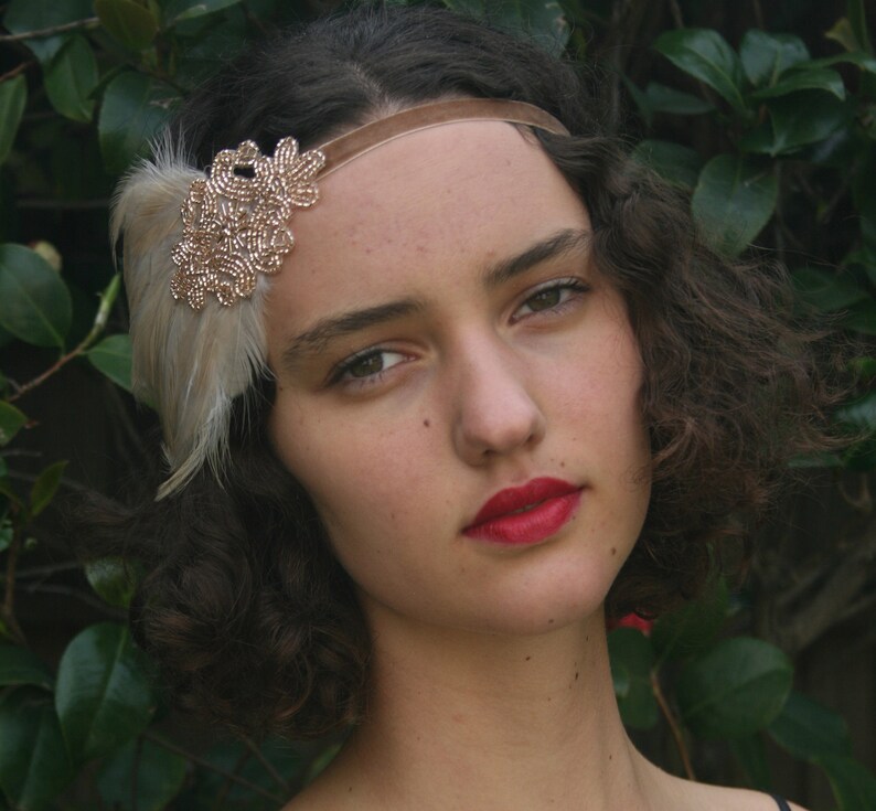 Flapper Dress fascinator Headpiece Great Gatsby Dress headband champagne beige 1920s feather beaded accessory 1920 Cream Ivory Fascinator