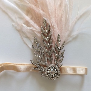 Silver Great Gatsby headband, blush feather headband, gold jewel fascinator, beige ostrich feathers headband, gold flapper thinestones