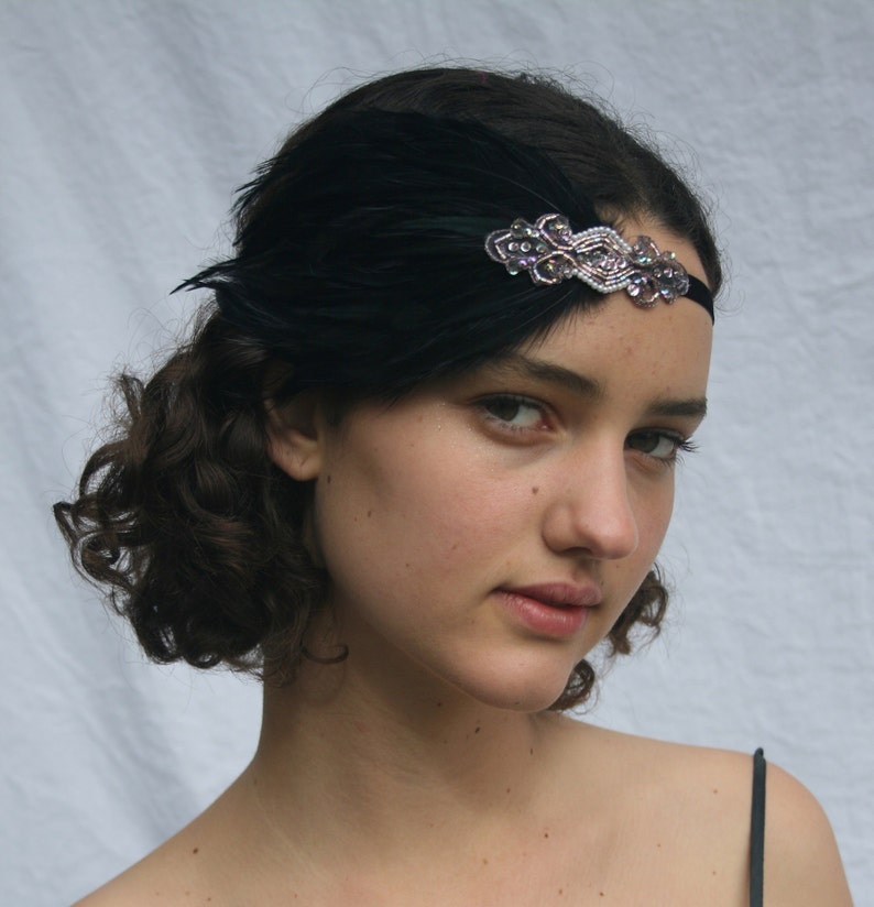 GRAY FEATHER HEADBAND, Rose Gold headpiece, 1920s Great Gatsby grey feather fascinator beaded headpiece, Art Deco flapper hair accessories image 3