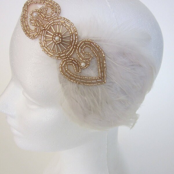 Champagne  headband, 1920s headpiece, ivory feather great gatsby bridal Art Deco 1920s headband gatsby champagne headpiece flapper headpiece