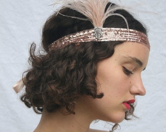 Rose Gold Sequin Headband, Black Feather, 1920s Flapper Style