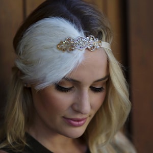 Gold 1920s headband champagne gatsby headpiece flapper fascinator Art Deco wedding flapper Gatsby headpiece, Beaded Ivory feather fascinator
