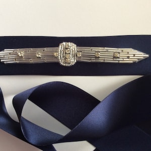 WIDE 1920s Satin Ribbon Sash, 1", 1.5", Bridal Dress Belt Art Deco Rhinestone beadings,  Navy blue Great Gatsby Silver Black Gold, Flapper