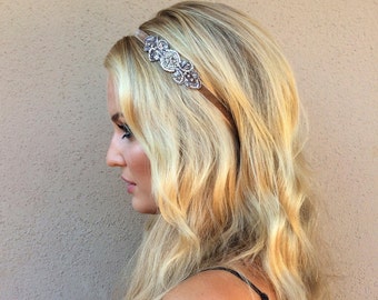 Tiara Art Déco, acessório de cabelo, contas prateadas, veludo elástico, Great Gatsby, década de 1920, fascinator de champanhe para noivas