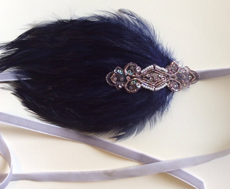 GRAY FEATHER HEADBAND, Rose Gold headpiece, 1920s Great Gatsby grey feather fascinator beaded headpiece, Art Deco flapper hair accessories image 5