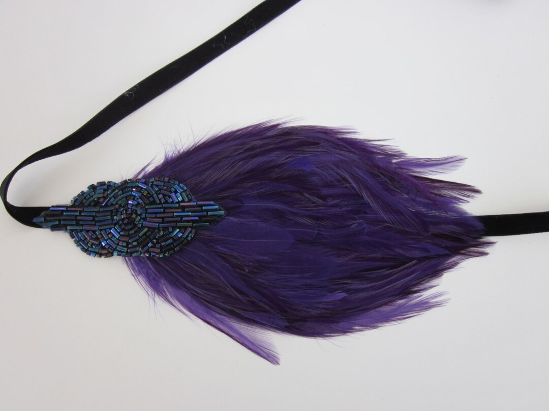 Purple Feather Headband: Art Deco Beaded Fascinator, Roaring  display picture 1
