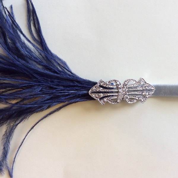 ART DECO Headpiece, Silver 1920s Jewel bandeau, fascinator plumes bleu marine, bandeaux personnalisés plumes d'autruche grande robe clapet Gatsby