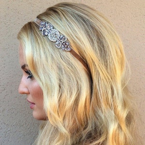 Art Deco headband, silver 1920s headpiece, gold flapper headband, great Gatsby bridal wedding hair accessories, champagne beaded dress