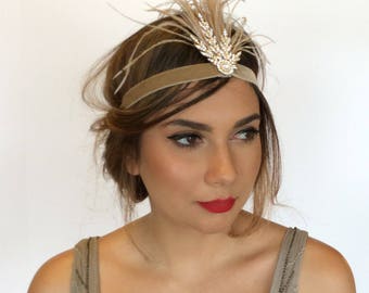 Gold Rhinestone Ostrich Feather Headpiece: 1920s Flapper Accessories