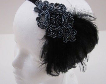 Great Gatsby headband, Black Feather Headband Gray Flapper dress Accessory Gunmetal dress 1920s Great Gatsby Flapper Dress Feather Black