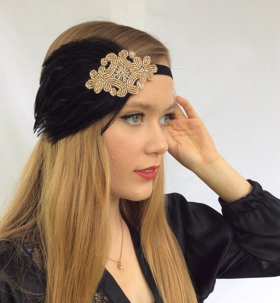 Vintage Flapper Stirnband 1920er Jahre – Mit Perlen-Applikation, Schwarz, Elastisch – Für Gatsby & Kostümpartys