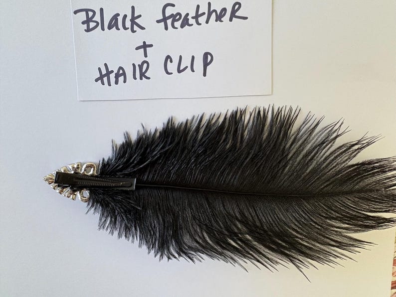 May include: A black feather hair clip featuring a long, soft black feather attached to a silver-toned metal base with clear crystal accents. A white card above the accessory displays the handwritten text: Black feather + HAIR CLIP.
