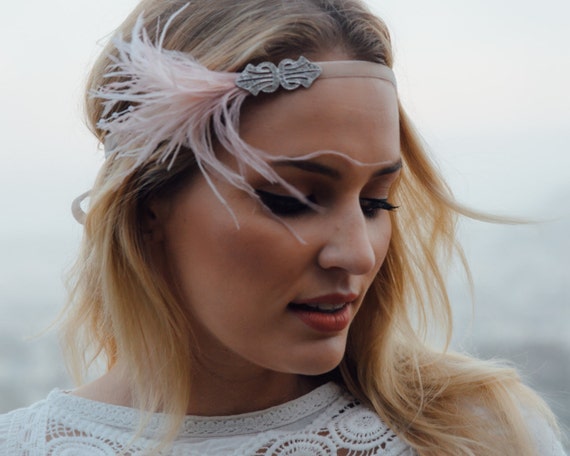 Silver Crystal Ostrich Feather Headband, Art Deco Flapper  display picture 1
