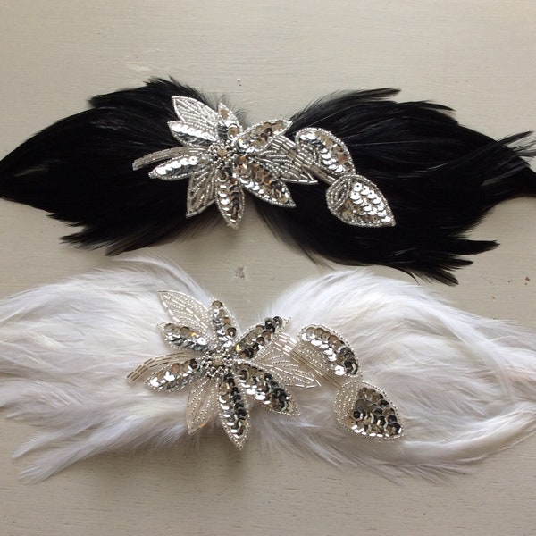 Bandeaux du lac des cygnes, fascinateurs de plumes de cygne noir blanc, casque de costume de ballerine Odette Danse Silver Leaves sequins Gastby Flapper