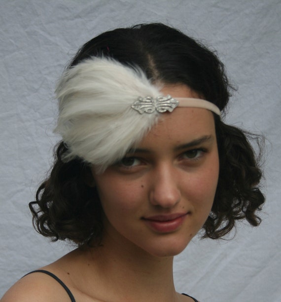 Silver Satin Charleston Flapper Headband with Feather and Jewel