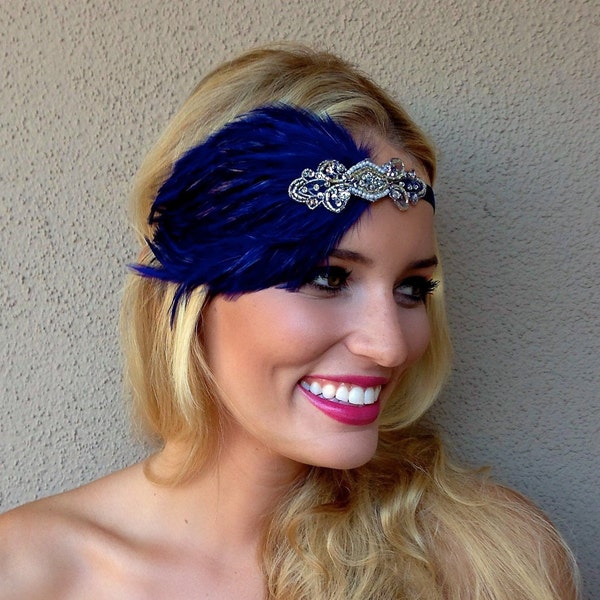 BLUE Feather headband, Royal BLUE Great Gatsby headpiece, silver beaded hair accessory 1920s fascinator custom Flapper headdress