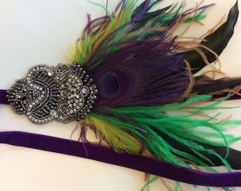 MARDI GRAS Headpiece, Purple Mardi Gras headband, ostrich feathers fascinator, green gold purple feathers Carnivale glamorous sophisticated