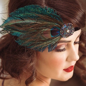 BLUE PEACOCK Headpiece , Peacock fascinator, peacock feather Great Gatsby Headband Blue Beaded Headband Stretch Elastic Velvet