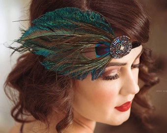 Tiara de pavão azul, fascinador de pavão, tiara de pena de pavão, faixa de cabeça do Grande Gatsby, faixa de cabeça de contas azuis, veludo elástico elástico