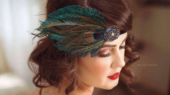 Iridescent Peacock Blue Fascinator Headband Peacock Feather Fascinator Headpiece, Great Gatsby Headband  main image 4