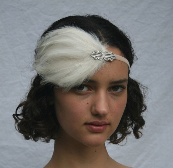 Silver Satin Charleston Flapper Headband with Feather and Jewel