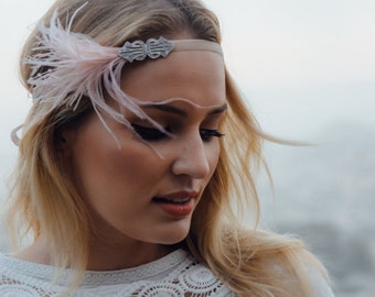 1920s Flapper Headband: Champagne Feather, Art Deco Bridal Headpiece