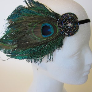 BLUE PEACOCK Headband for Peacock Blue Dress, Navy Blue Feather Peacock fascinator, Great Gatsby Beaded Headpiece Stretch Elastic Velvet