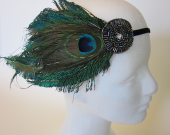 Peacock Feather Beaded Headband: 1920s Gatsby Art Deco Fascinator