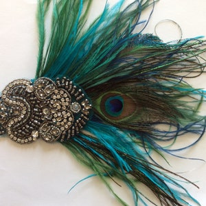 Peacock feather headband, Great Gatsby Ostrich feathers fascinator teal Hunter green blue peacock hues mixed rhinestone, Stretch Elastic