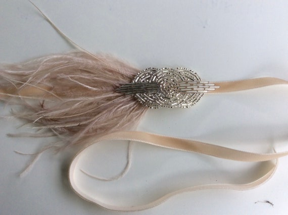 1920s Champagne ostrich feathers headband, Great … - image 5