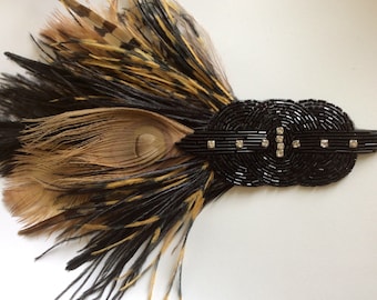 Black Art Deco Headband: Tiger's Eye Feather Flapper Headpiece