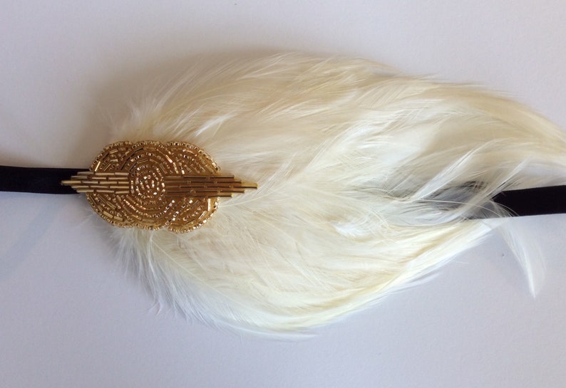 Black feather headpiece Gold beaded fascinator black Art Deco flapper headband, Great Gatsby headband, 1920s dress, 1920s feather headband image 4