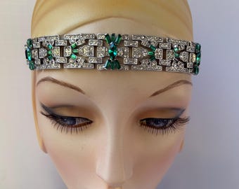 Green Emerald Crystal Art Deco Headband, 1920s Emerald Sapphire blue Gatsby Flapper Forehead Band