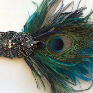 Blue Peacock headband, Great Gatsby Ostrich feathers fascinator teal Hunter green blue peacock hues mixed rhinestone, Stretch Elastic